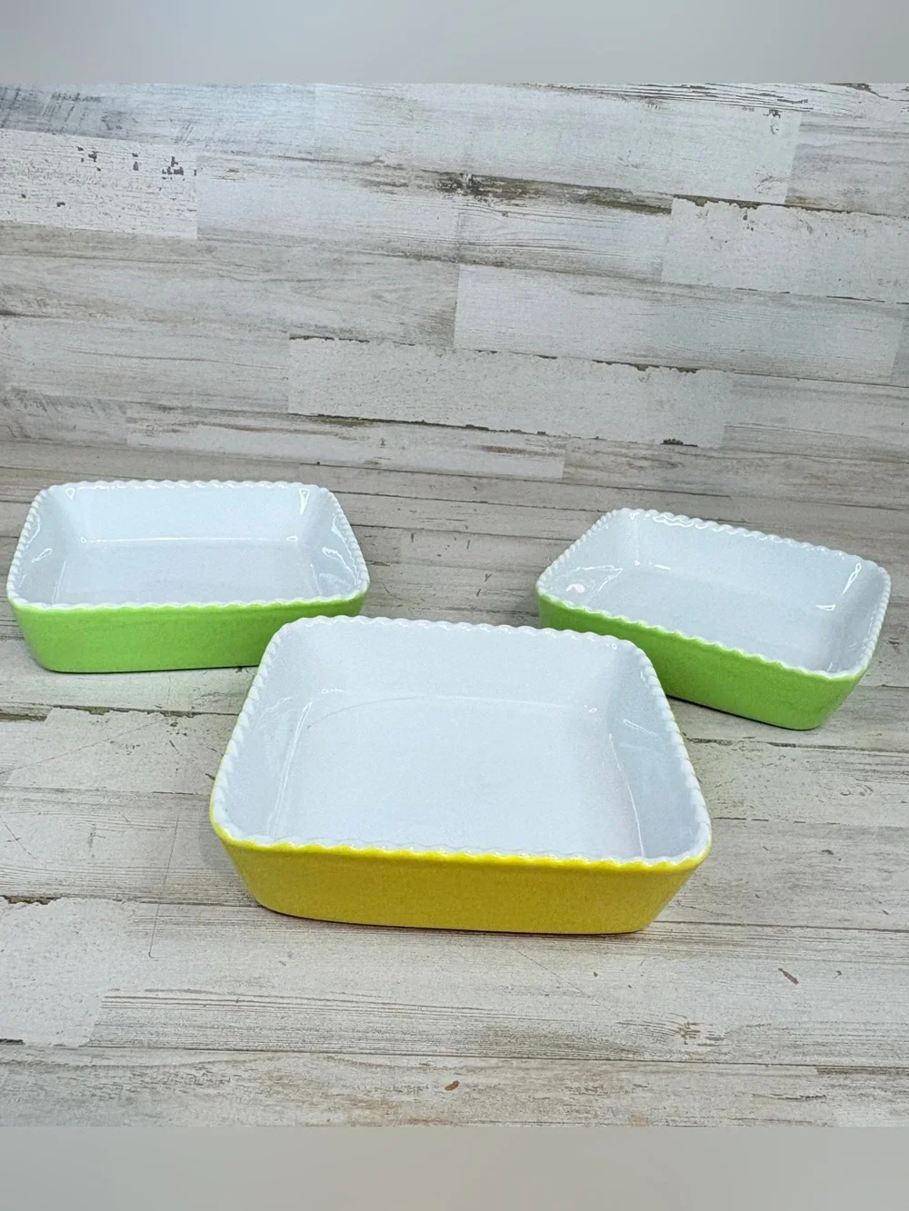 Lot Of 3 Vintage Valentina Yellow Green Scalloped Edge Stoneware Baking Dish